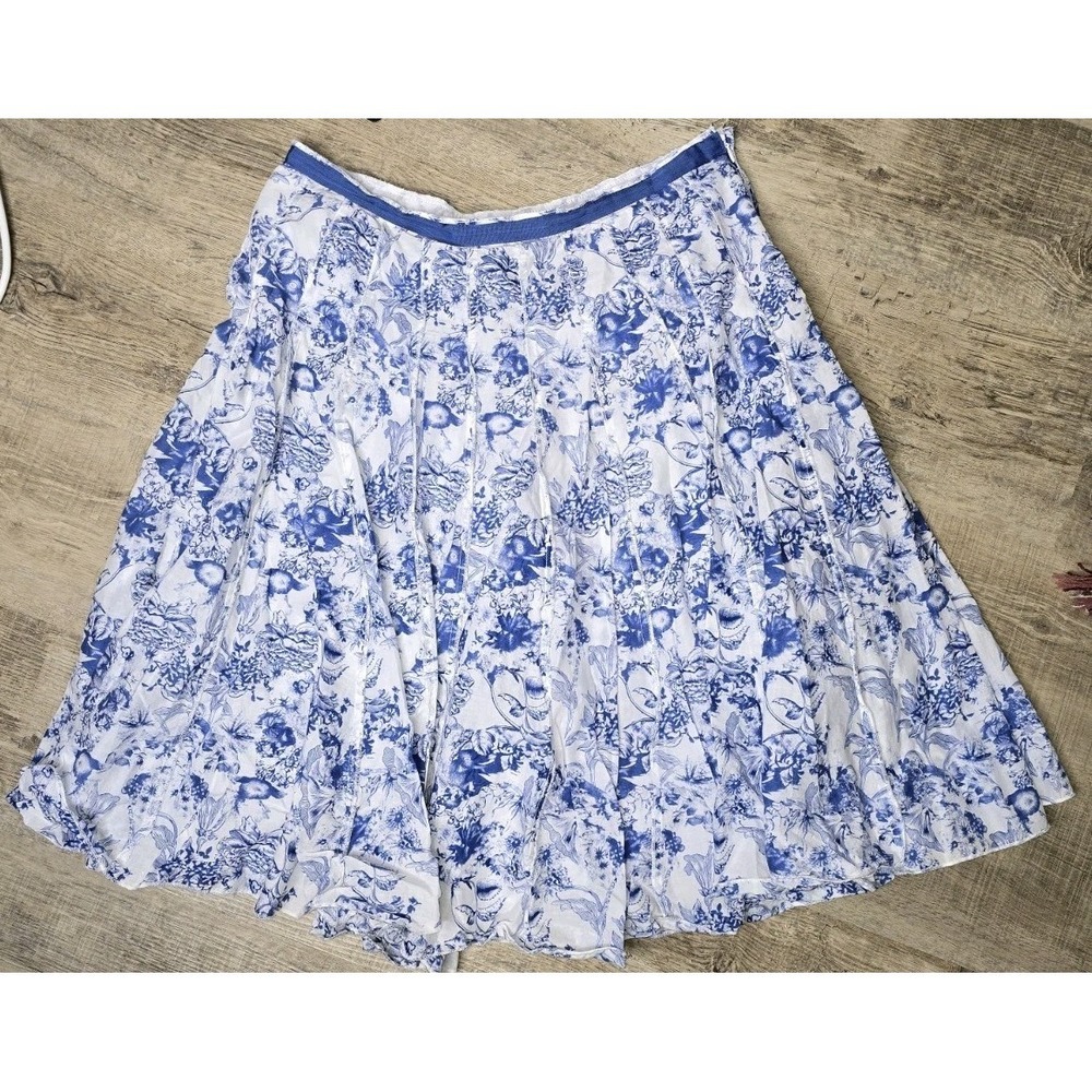 Cottagecore Praire Coastal Blue Floral Romantic Lined Toile Print Skirt Size 12